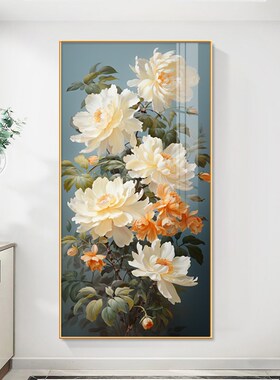 新品花开富贵f新中式入户玄关装饰画客厅走廊过道竖版挂画牡丹花