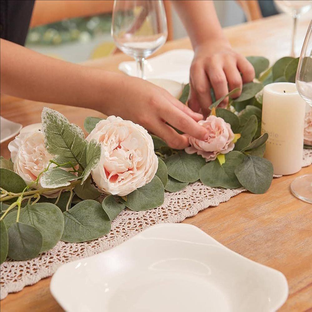 彷真牡丹花藤条尤加利玫瑰春季树叶藤蔓婚礼居家餐桌摆件缠绕装饰