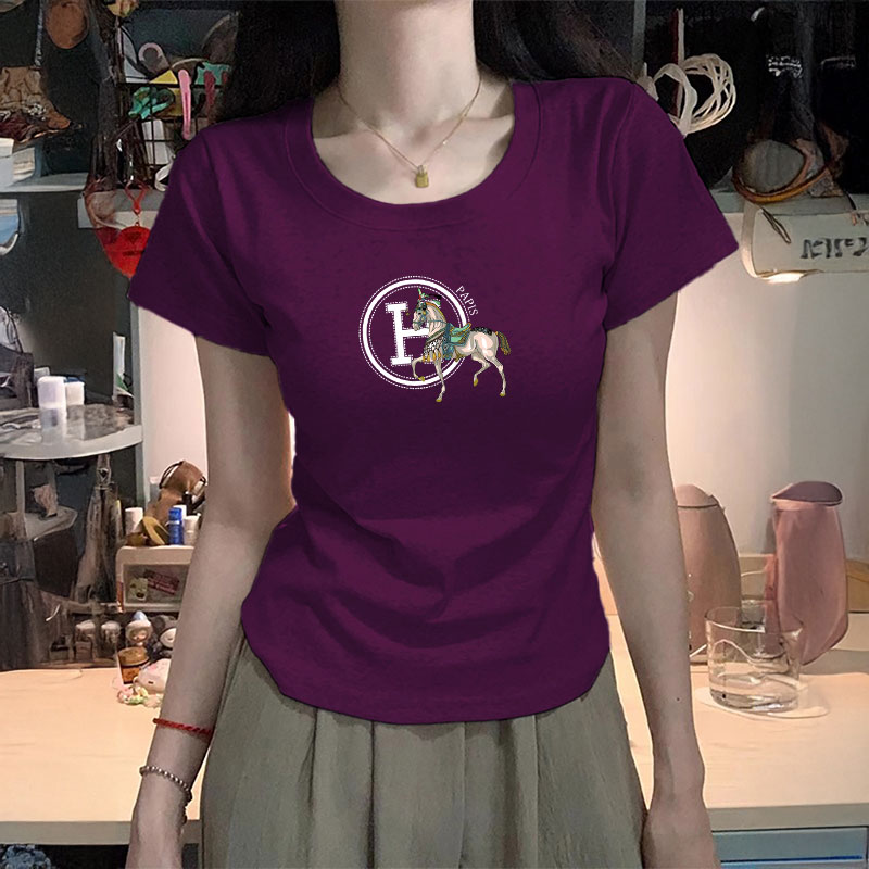 新款純棉正肩U領(lǐng)短袖t恤女夏季寬松圓領(lǐng)設(shè)計(jì)感復(fù)古港味正肩女上衣