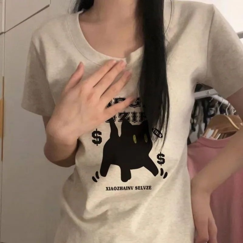纯棉白色正肩v领短袖t恤女夏季修身显瘦辣妹百搭打底基础款上衣体