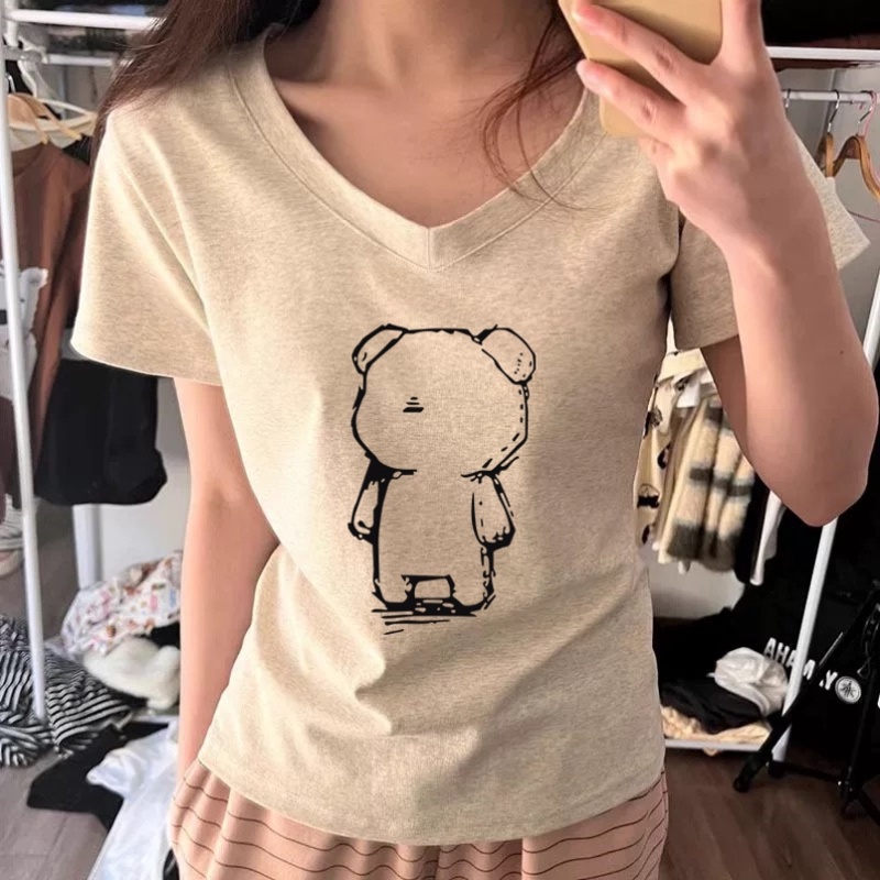 白色V领短袖t恤女2025夏季新款纯棉正肩显瘦鸡心领半袖小个子上衣