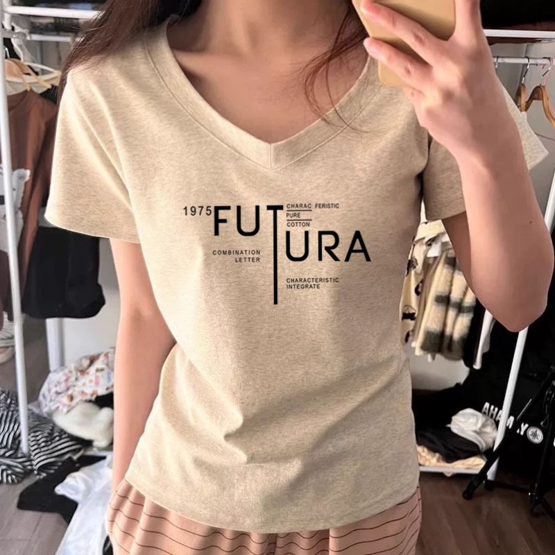正肩V领短袖T恤女薄款夏季韩版潮宽松半袖女士体恤上衣纯棉百搭