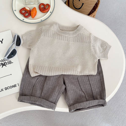 ins轻氧森系~男童夏季套装宝宝银杏色镂空针织衫儿童休闲九分裤潮