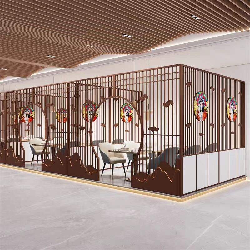 新中式月亮门洞屏风隔断火锅店格栅餐厅茶楼餐厅包间拱门铁艺镂空