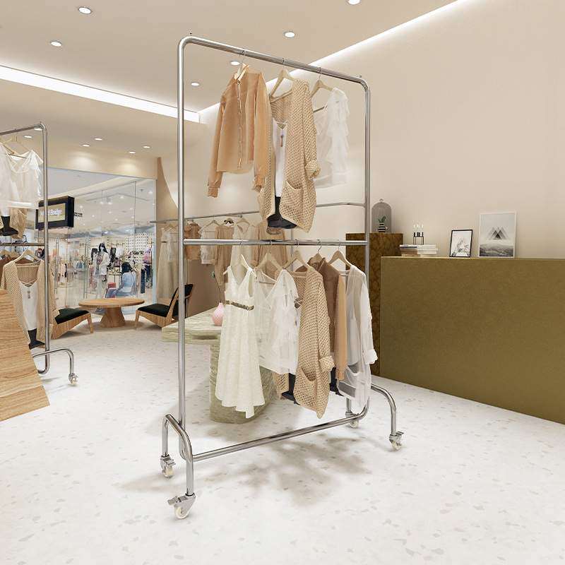服装店不锈钢拉丝展示架落地式双层可调节挂衣杆带轮货架加厚