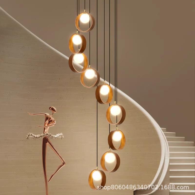 美式复古别墅loft复式大厅挑空旋转实木灯法式中古风楼梯长吊灯具