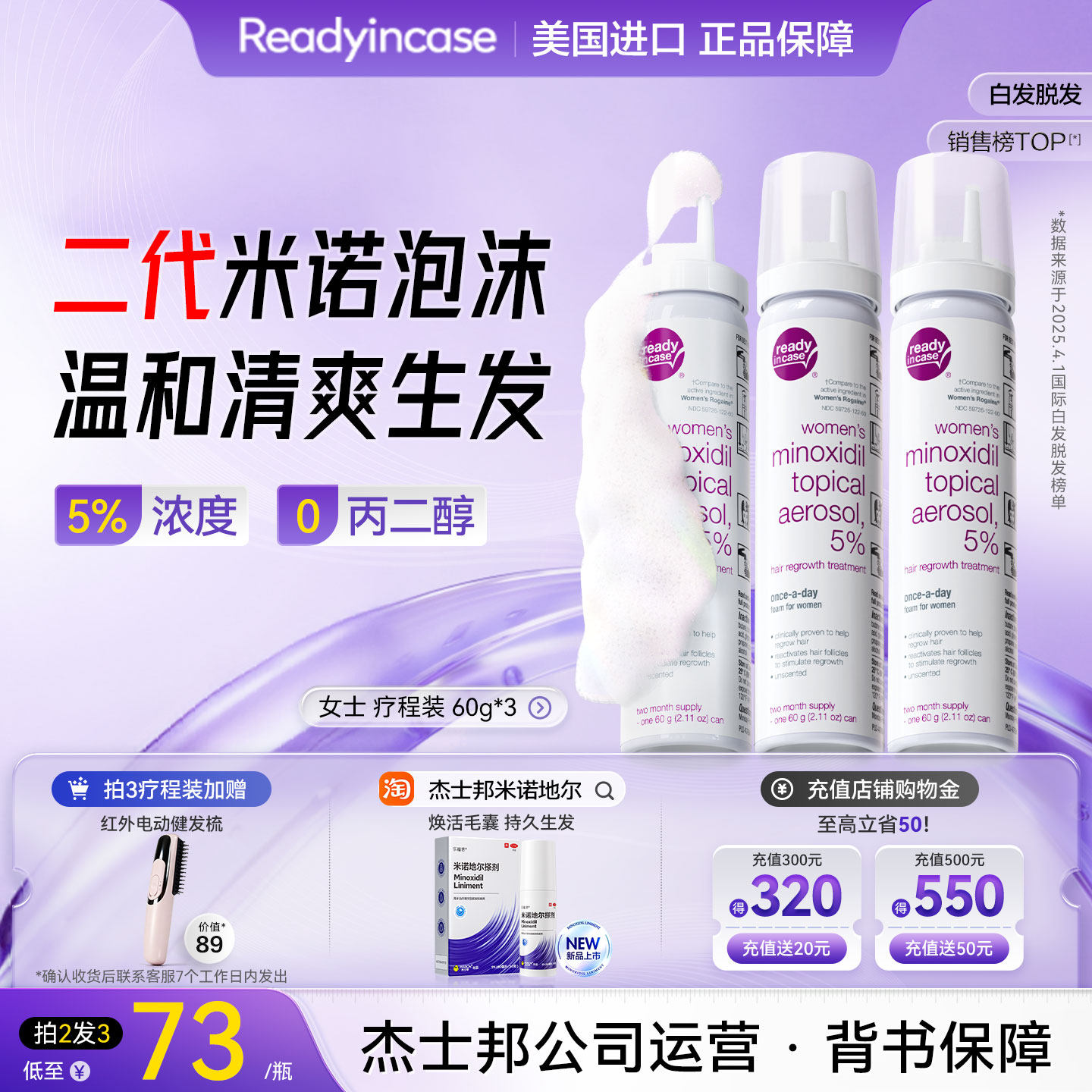 Readyincase美国进口5%米诺地尔泡沫剂脱生发清爽温和长发女用60g