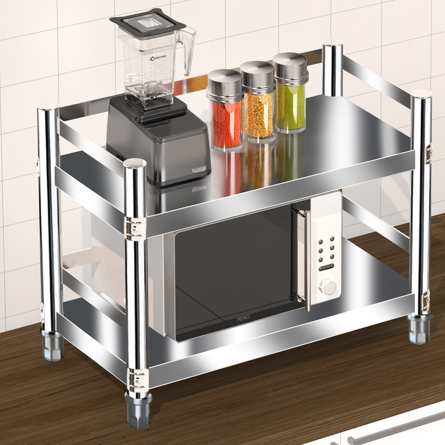 厨房储物置物架落地式二层多功能微波炉厨具架烹饪用具不锈钢货架