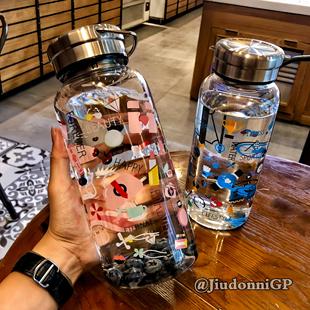 日本GP大容量手绘玻璃杯大水壶便携可爱耐高温家用男女涂鸦手提杯