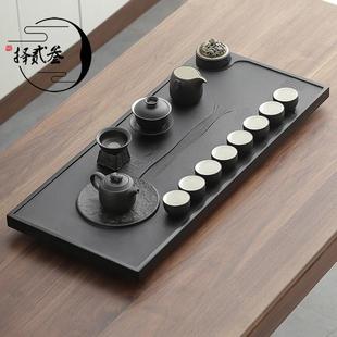 家用整块原石现代简约禅意茶台排水茶海 天然乌金石茶盘茶具套装
