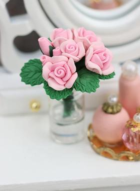 1:12迷你娃娃屋dollhouse袖珍家具摆件客厅装饰花园场景盆栽玫瑰