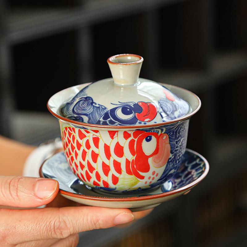 仿古青花三才盖碗茶杯单个陶瓷泡茶碗功夫茶具茶盏不烫手高温釉下