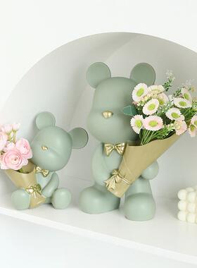 创意暴力熊摆件客厅玄关卧室桌面假花插花捧花家居电视柜装饰品小