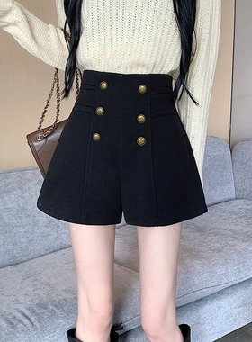 黑色毛呢短裤女秋冬2025新款大码高腰显瘦打底裤子冬季外穿靴裤