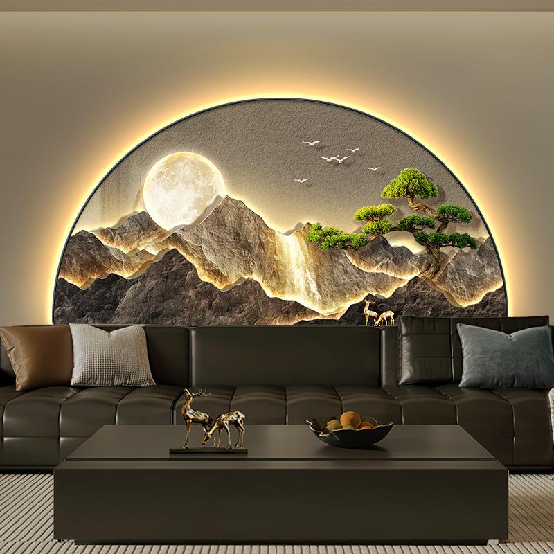 背靠金山客厅装饰画半圆轻奢山水壁画灯主卧室床头高级感发光挂画