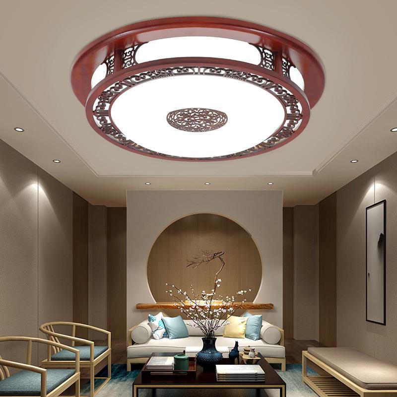 新中式吸顶灯仿古实木中国风客厅灯圆形卧室灯古典大气LED餐厅灯