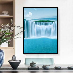 流水生财黄果树瀑布聚宝盆风景画客厅走廊过道玄关装饰画有框挂画