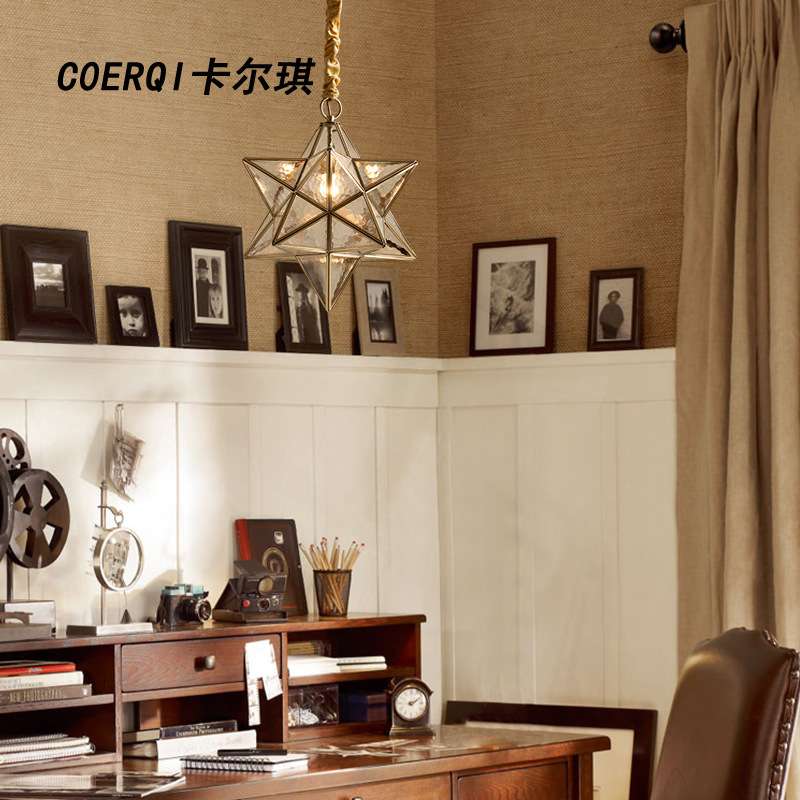 简约美式卧室灯吧台玄关阳台灯创意个性走廊灯具 全铜星星吊灯