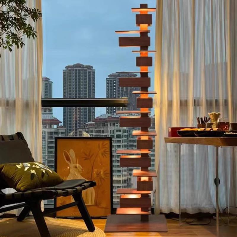 日式复古实木落地灯高山流水别墅客厅灯设计师高级感卧室床头台灯