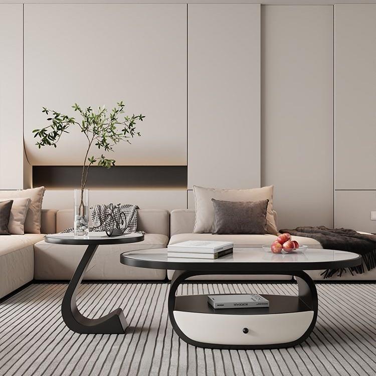 意式轻奢茶几家用小户型新款简约现代椭圆形黑白极简岩板茶桌组合