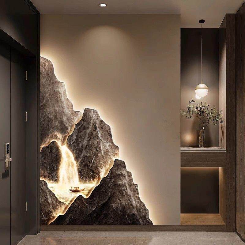 流水生财入户玄关装饰画正对门走廊过道挂画轻奢高级感山水壁灯画