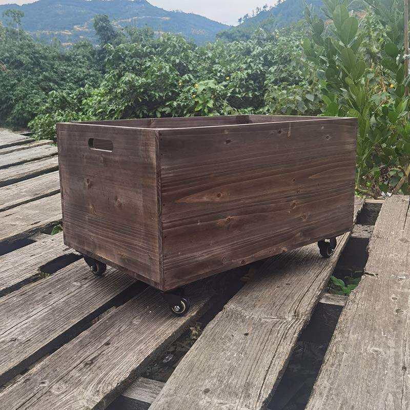 复古工业风装饰收纳箱带轮子可移动杂物整理储物箱无盖实木大箱子
