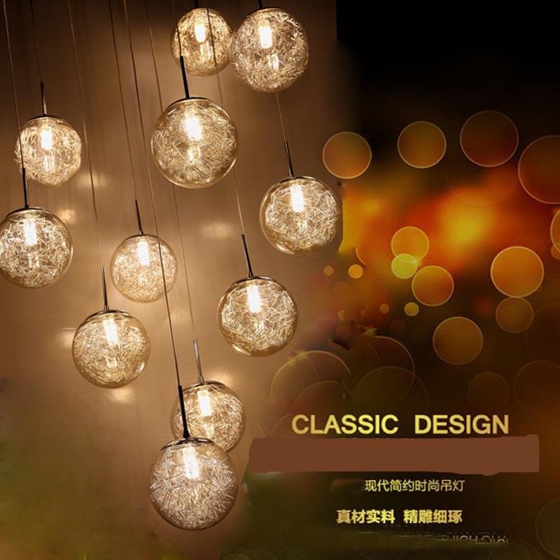 复式楼大吊灯北欧铝材螺旋形圆球玻璃楼中楼客厅售楼部楼梯长简约