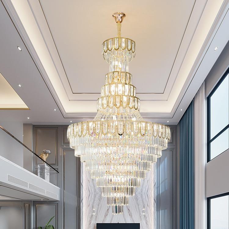 水晶灯水晶新款楼中楼现代空跃奢轻中空大复式楼欧式客厅吊灯别墅