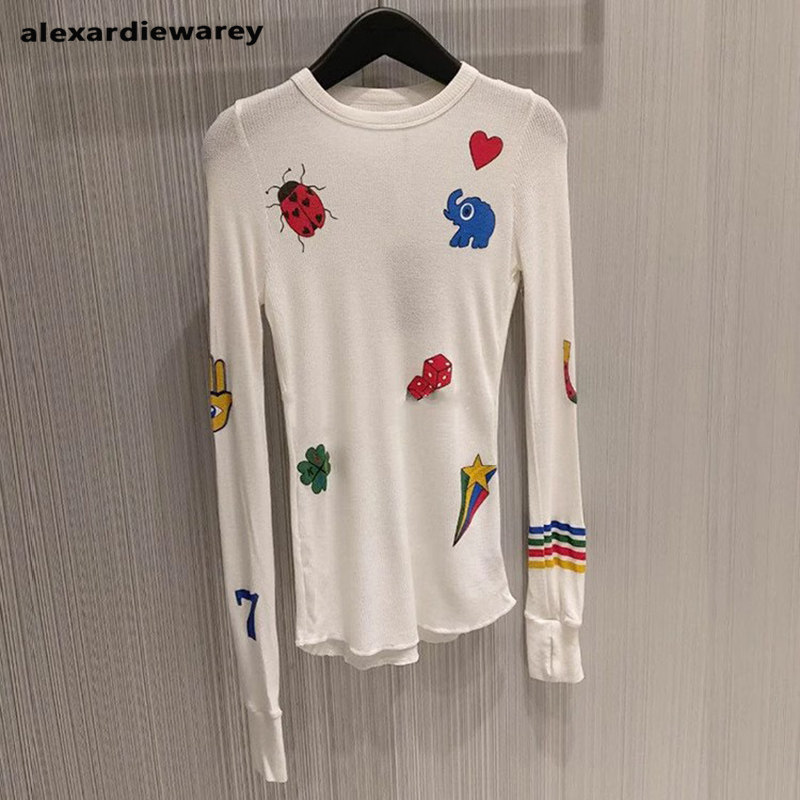 美式复古2024秋季新款圆领长袖打底衫印花卡通图案T恤女