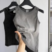 美式 T恤背心上衣女 水洗做旧复古简约百搭显瘦无袖 欧货25夏季 新款