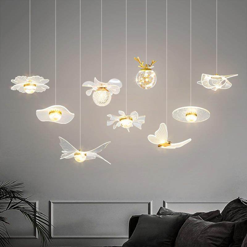 创意长线单个荷叶蝴蝶吊灯艺术床头小吊灯现代简约个性卧室背景墙