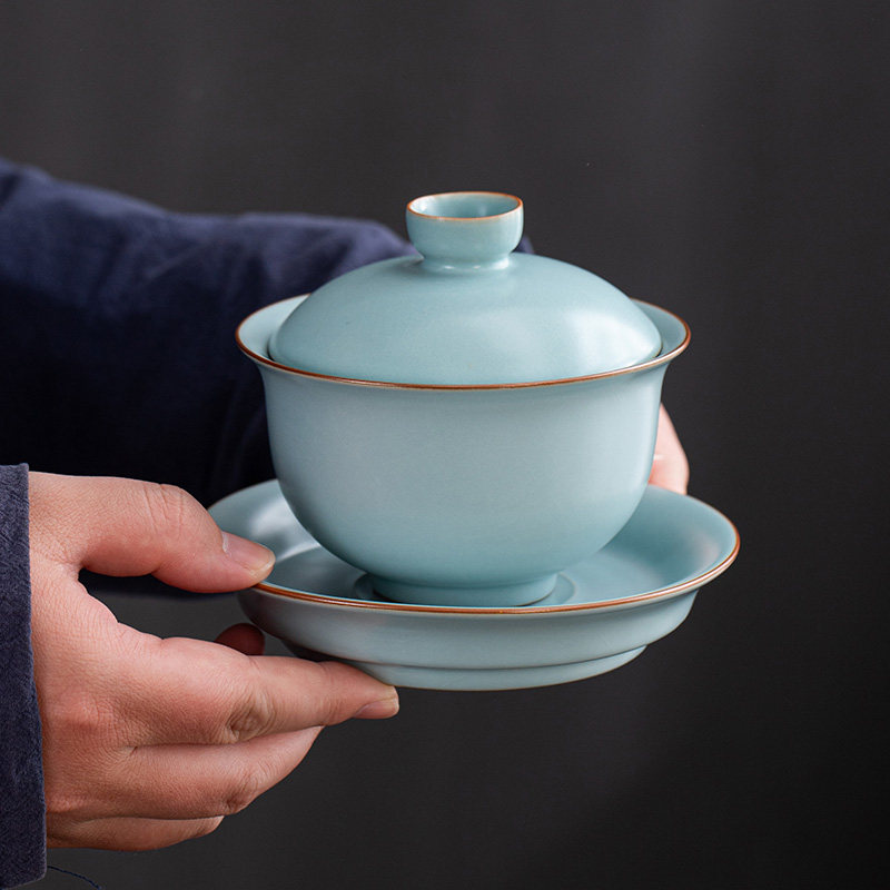 汝窑天青色盖碗公道杯主人杯开片可养喝茶杯品茗杯子茶盏功夫茶具