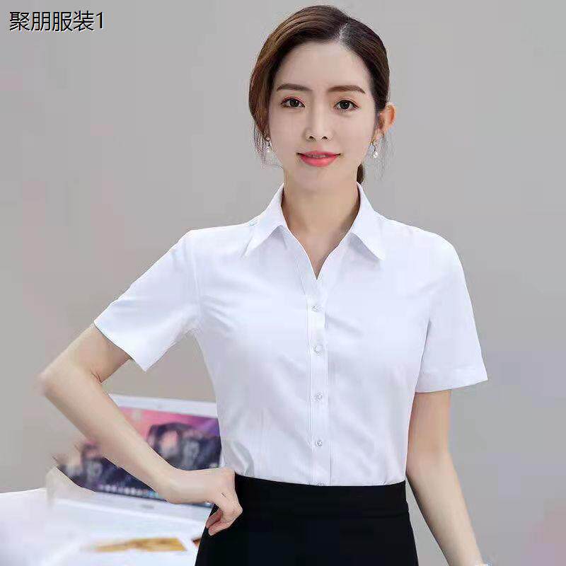V领白衬衫女短袖夏装职业