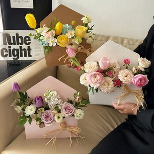 信封花盒鲜花手提袋包装礼盒牛皮纸花袋圣诞节DIY花艺手提插花盒