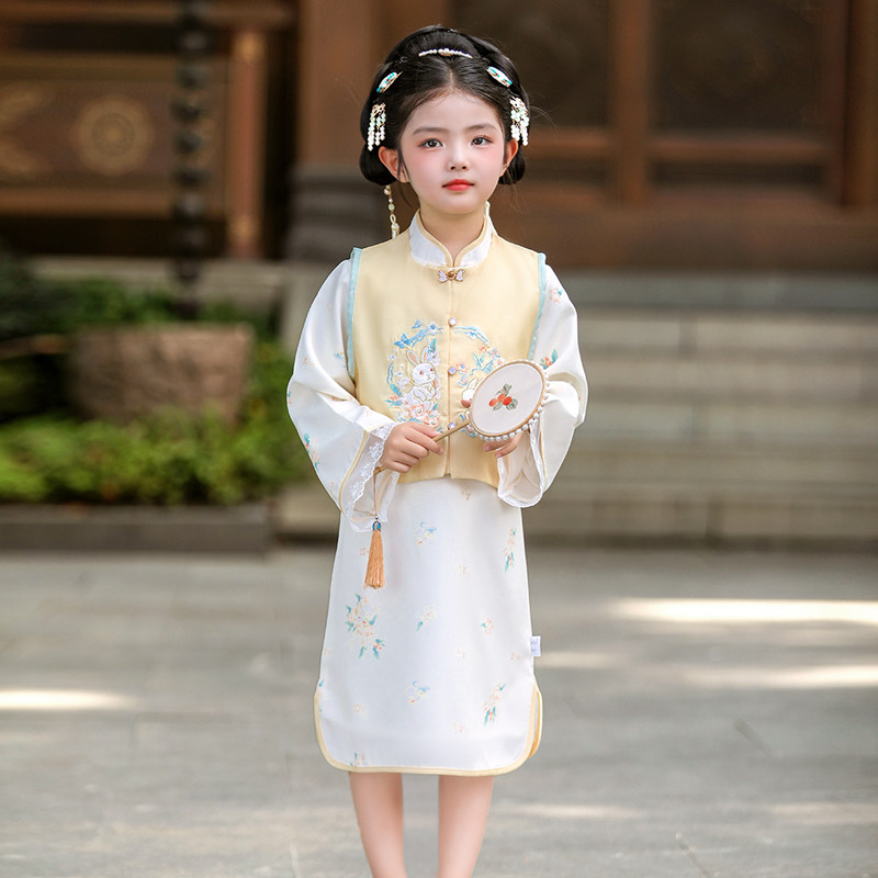 汝焉彩童汉服女童旗袍2025春秋新款儿童马甲连衣裙两件套装唐装