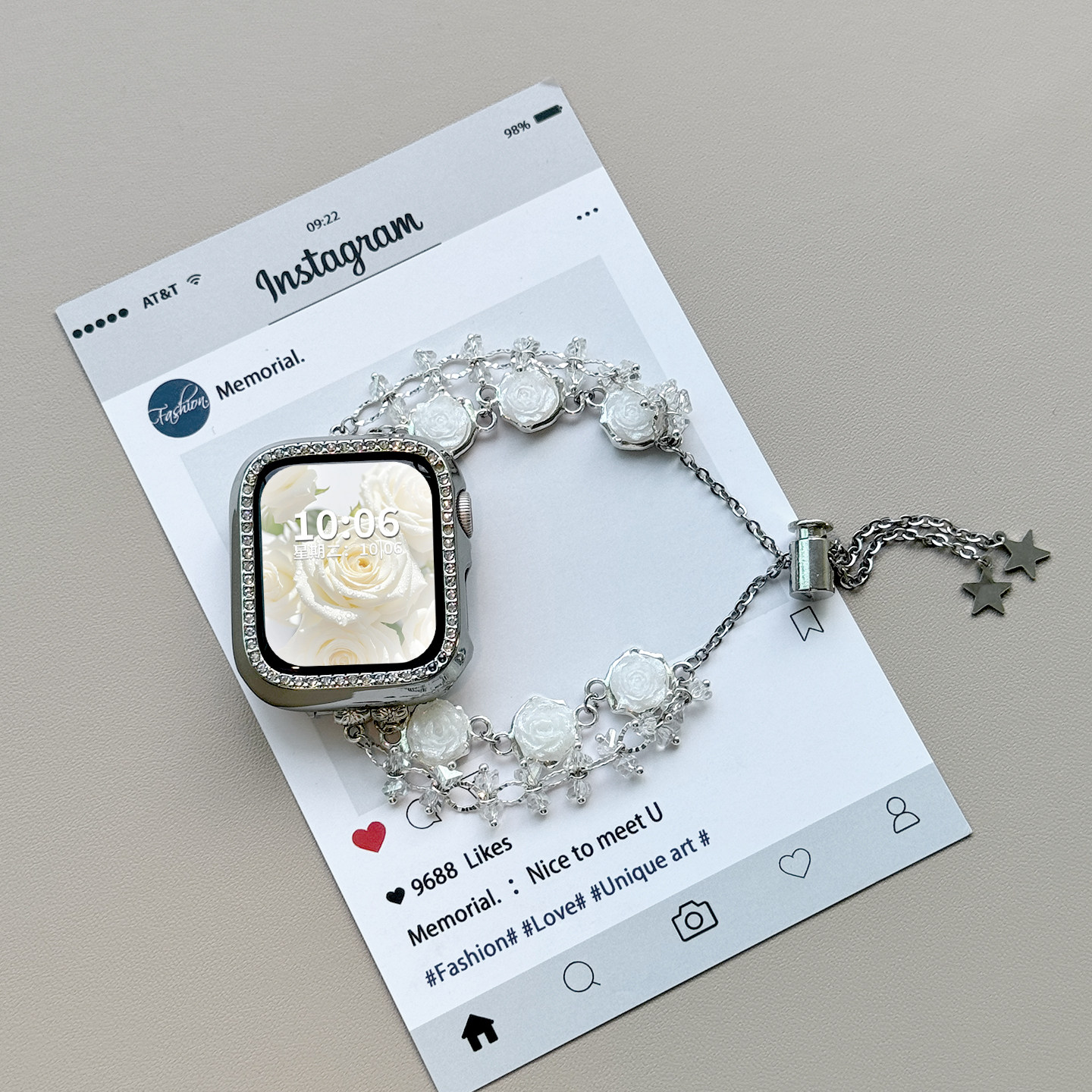 适用于小米手环10pro表带9pro白玫瑰8pro双排串珠手链式红米watch6/5/4腕带春季爆款夜光玫瑰手链表带通用10