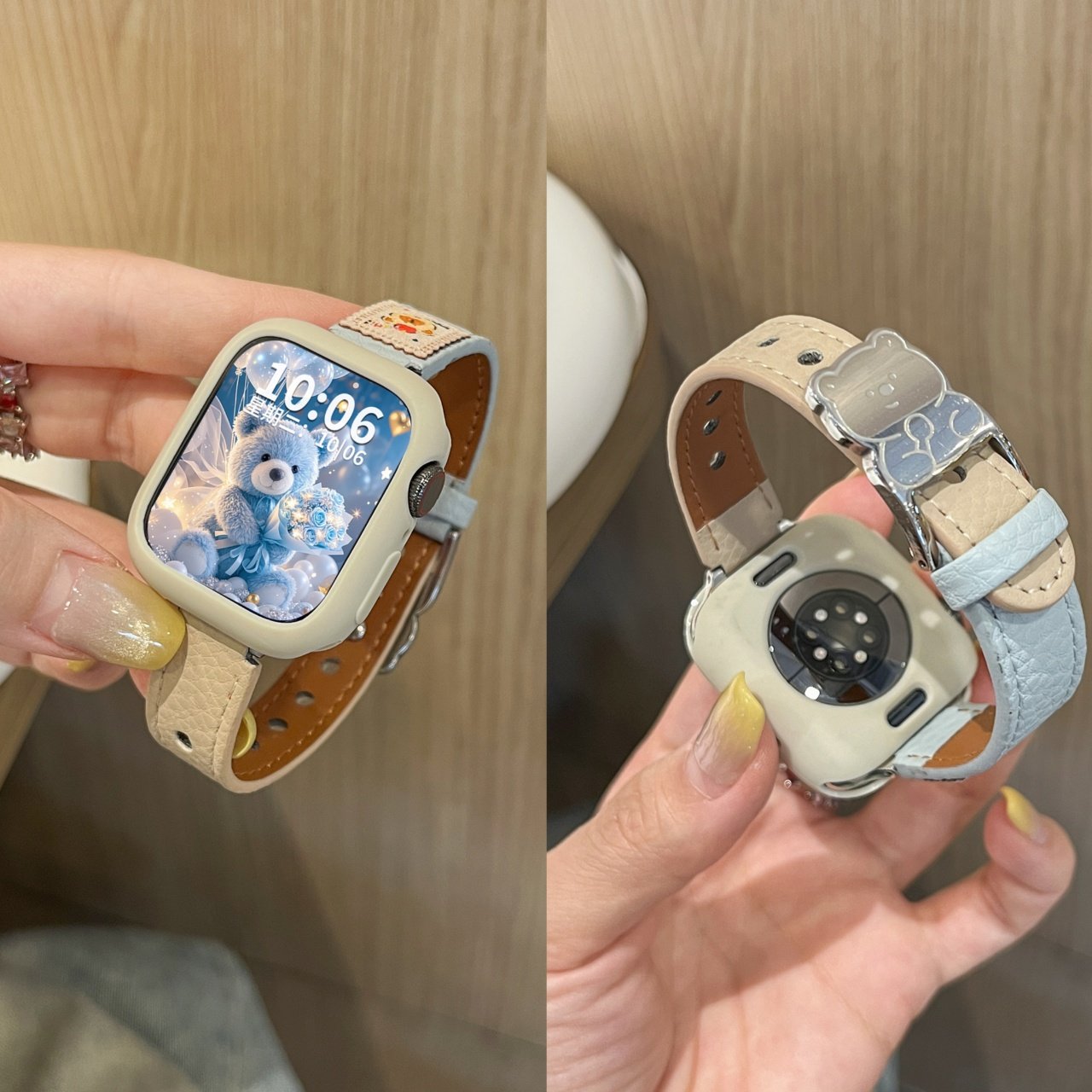 可爱苹果小熊单钉荔枝纹皮质表带图片
