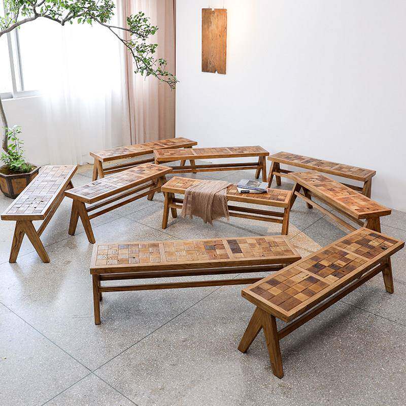 侘界老榆木长凳棋盘格拼花长条凳侘寂风实木床尾凳简约家用餐凳子