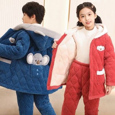 儿童睡衣冬季牛奶绒加厚三层加绒中大童套装法兰绒男童家居服连帽