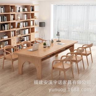 北欧家用客厅实木书桌简约电脑桌长桌子双层学习桌图书馆工作台