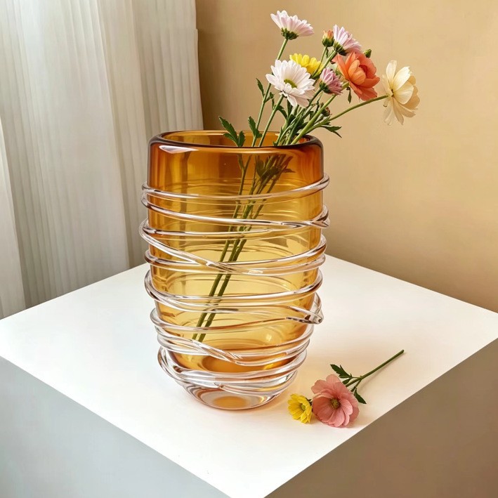 现代轻奢咖色缠丝玻璃花瓶摆件