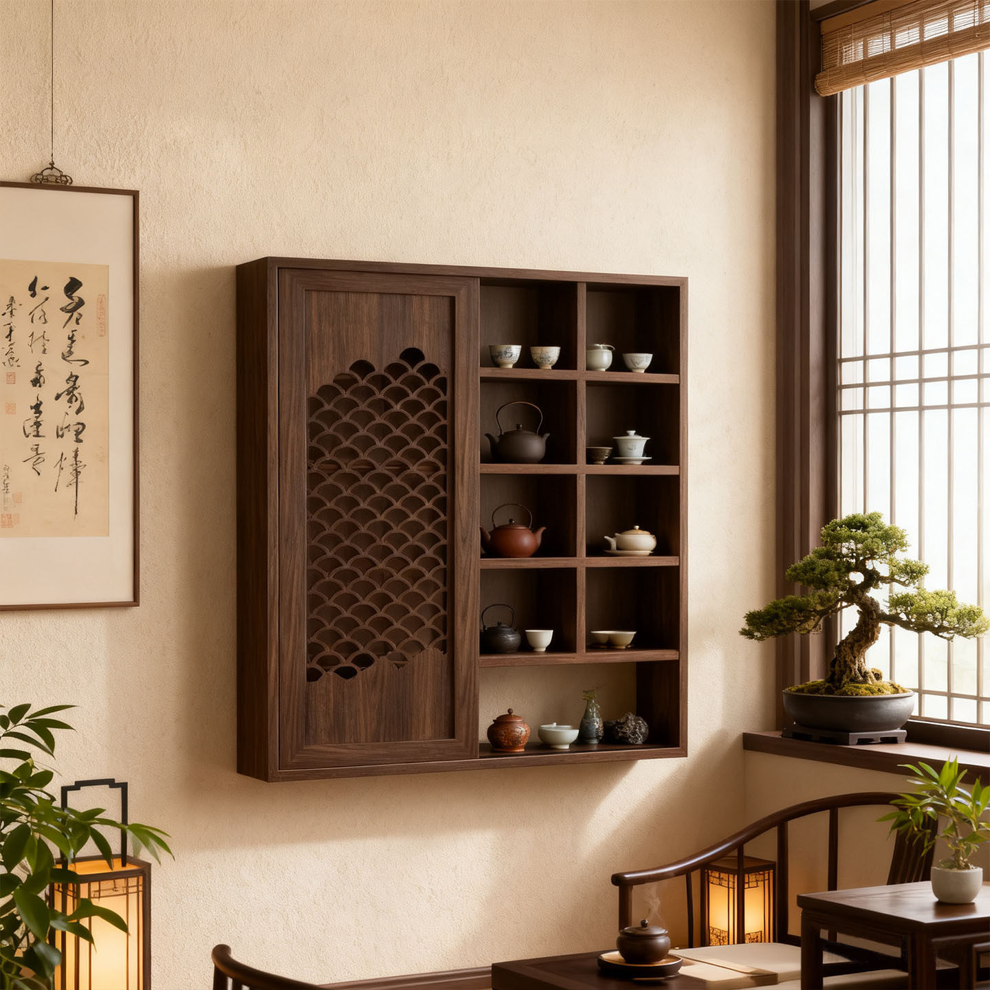 中式实木挂墙茶具收纳架