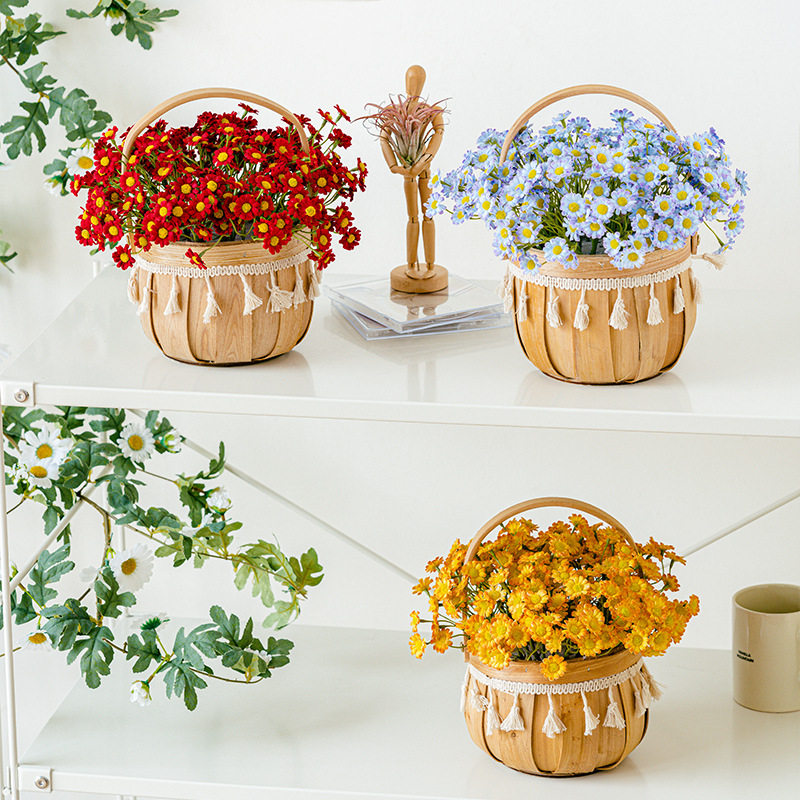 小雏菊竹编花篮插花成品盆栽仿真花假花客厅摆件装饰花人造花绢花