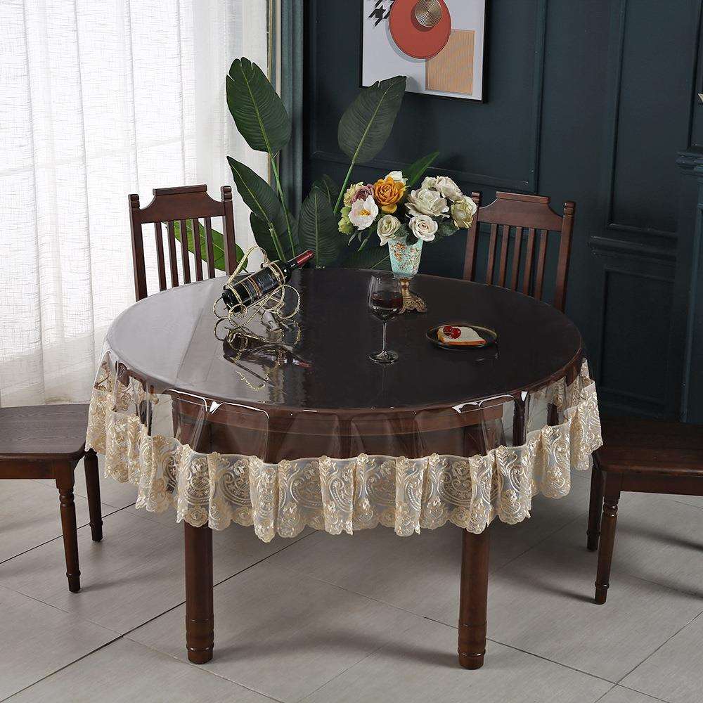 PVC防油圆形桌布高透明软玻璃免洗茶几垫花边百搭欧式古典餐桌垫
