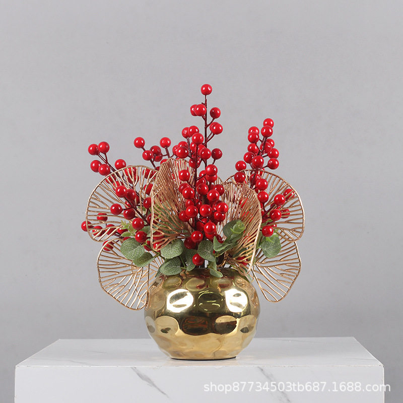 红色冬青摆设金色花盆仿真红果发财果开业乔迁新年装饰品假花摆件