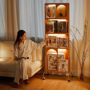 杂志架全身镜推拉可移动旋转落地樱桃木复古实木书架穿衣试衣镜子