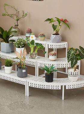 室内花架置物架阳台铁艺阶梯落地式多层户外庭院多肉白色花盆架子