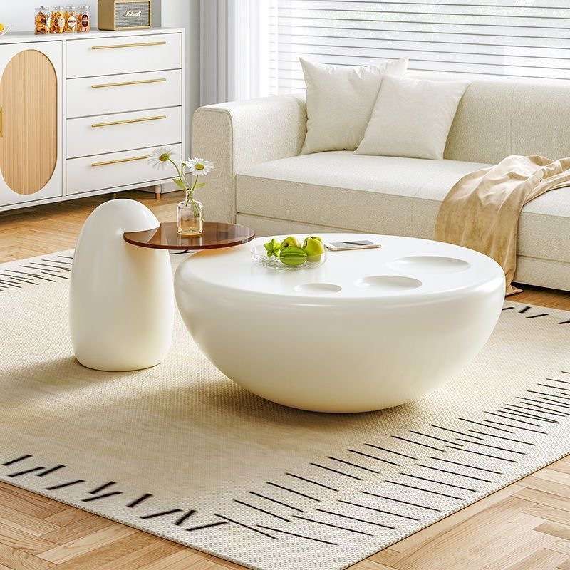 猫爪圆形茶几现代轻奢设计师网红钢化玻璃边几米白奶油风创意茶几