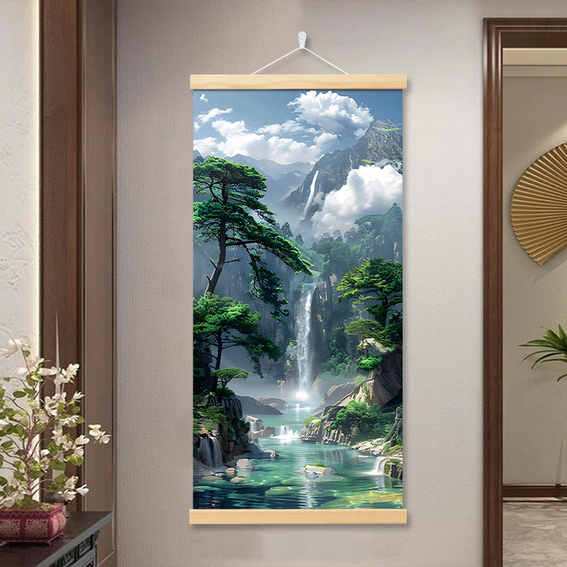 新中式山水流水生财入户玄关挂画招财风水办公室背景墙壁装饰画