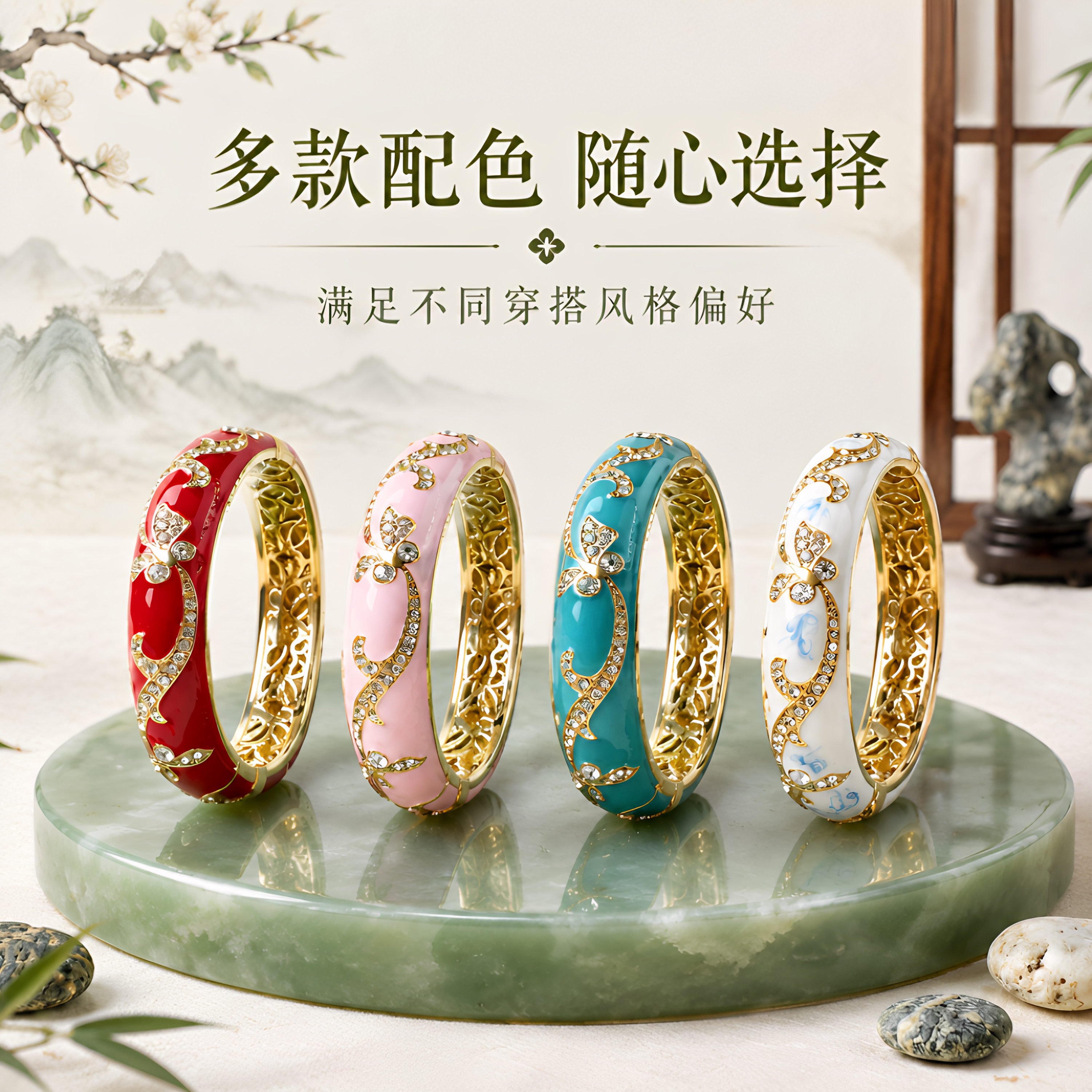 颜淡镶钻中式风景泰蓝手镯珐琅彩
